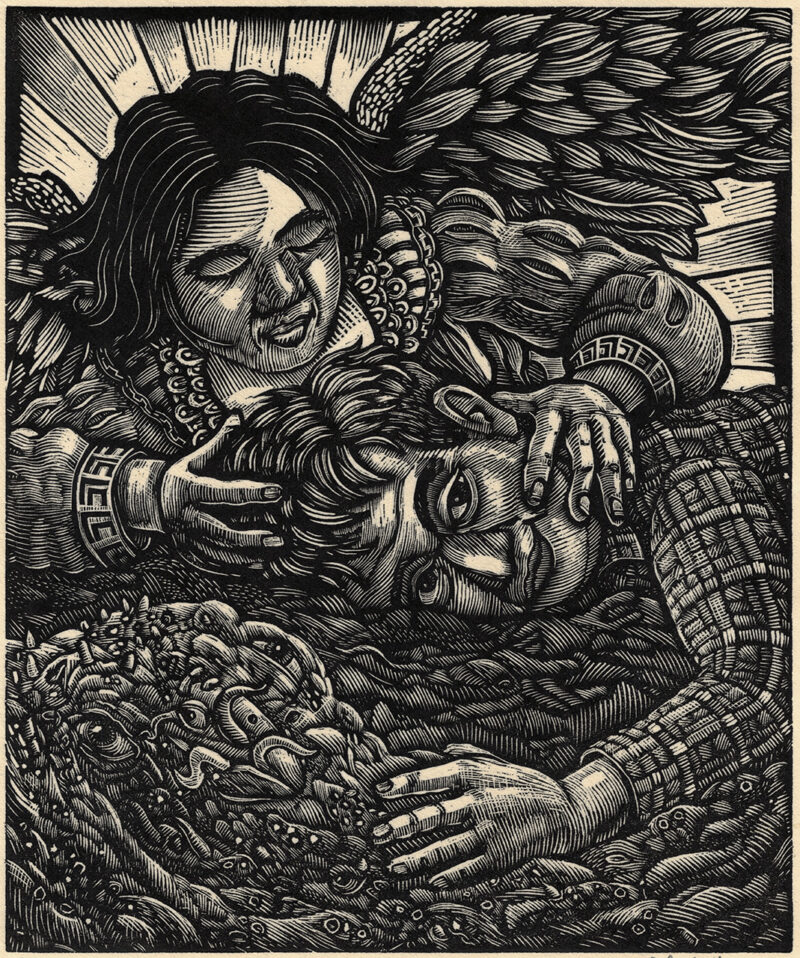 Strays - A wood engraving by Robert W. Gomez